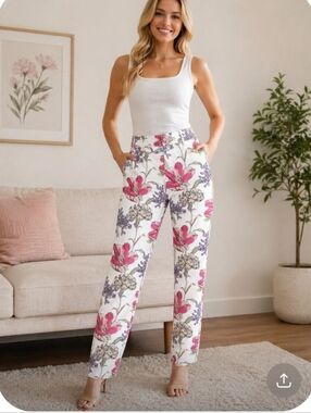 LOFT Floral Pants Size 0 Marisa Ankle Pink White Stretch